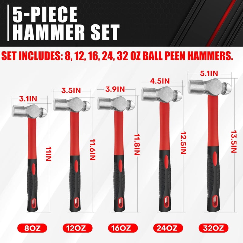 ct 5-Piece Ball Peen Hammer Set, 8, 12, 16, 24, 32oz - Image 3